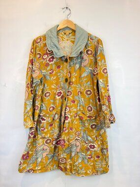 April Cornell Women's Velvet Corduroy Dove Print Duster Jacket Size Large Yellow